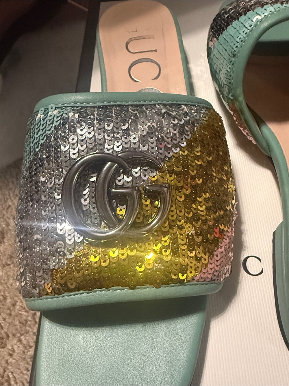 Gucci Mint Sequin Slide Sandals with Multicolor Sequins - Picture 4 of 5